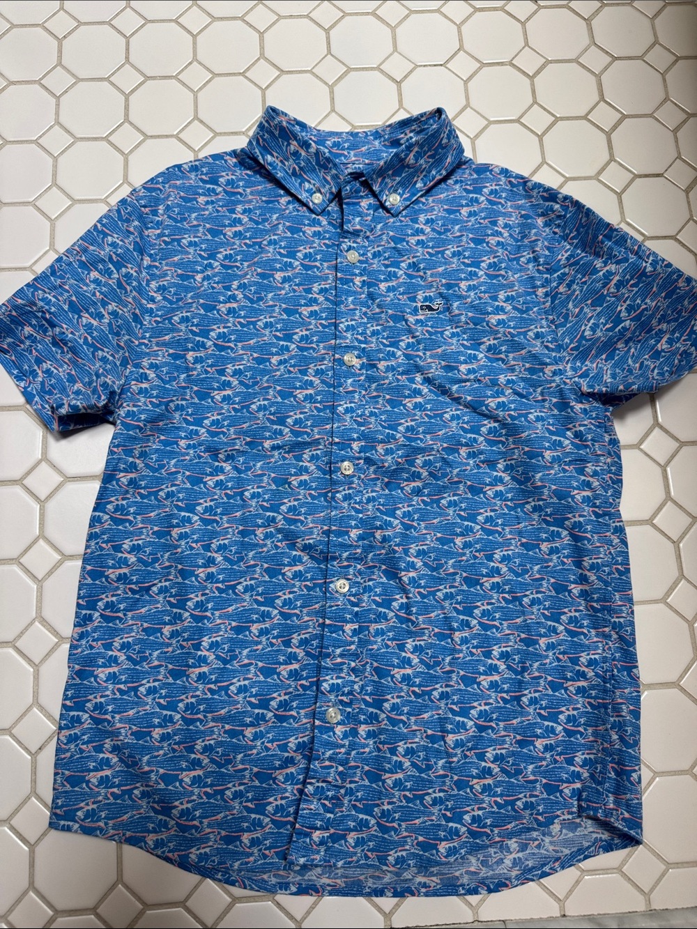 Vineyard Vines Boys Blue Short-Sleeve Button-Down with Fish Pattern